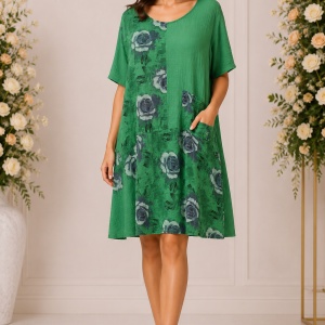 Rochie Verde din Bumbac 100% cu Imprimeu Floral și Buzunar – Croială Lejeră