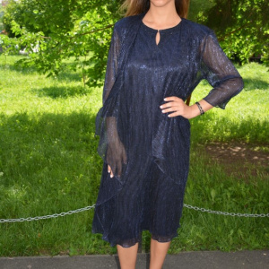 Rochie Zefera cu cartigan asimetric ,nuanat de bleumarin - Img 2
