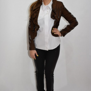 Sacou feminin, rafinat, material lucios, aspect diferit, pe maro - Img 4