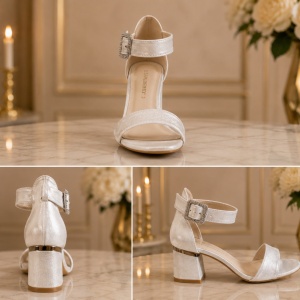 Sandale elegante, nuanta de alb sidef ,cu toc mediu ,gros, cu barete - Img 2