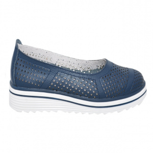 Balerini damă bleumarin din piele naturală cu perforații și talpă groasă