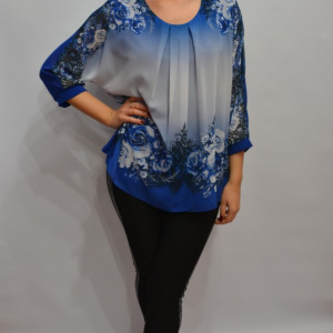 Bluza albastra cu imprimeu de flori si strasuri, model pentru ocazii - Img 4