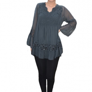 Bluza Amalia cu insertii de broderie si decolteu in V,nuanta de gri - Img 7