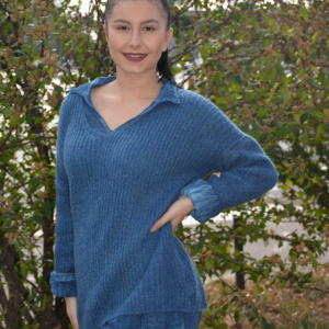 Bluza casual Ioana din tricot cu guler,nuanat de bleumarin - Img 4