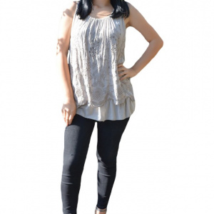Bluza casual, kaki, fara maneca cu broderie deosebita florala - Img 1