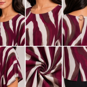 Bluză damă cu imprimeu floral bordo-alb-maro – Croială lejeră, mânecă scurtă, elegantă - Img 4
