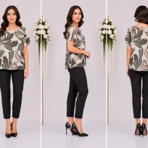 Bluză damă cu imprimeu floral verde-alb -crem– Croială lejeră, mânecă scurtă, elegantă - Img 2