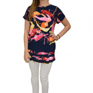 Bluza dama de zi, cu design abstract multicolor, pe fundal bleumarin - Img 1