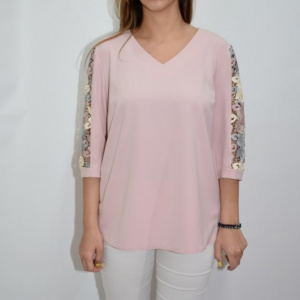 Bluza dama, eleganta, model de dantela la maneci, in nuanta de roz deschis - Img 4