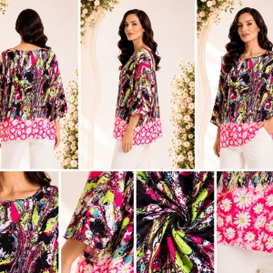 Bluză Damă Oversize Neon cu Imprimeu Abstract și Margarete – Negru & Fucsia - Img 2