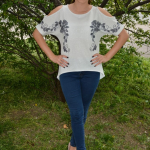 Bluza de primavara-vara cu design deosebit in fata, nuanta alba - Img 3