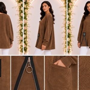 Bluză Oversized Maro din Material Catifelat Raiat, cu Fermoar Decorativ și Buzunar - Img 2
