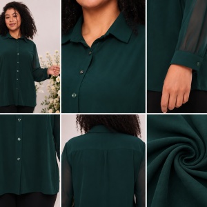 Cămașă elegantă verde smarald cu mâneci transparente - Img 3