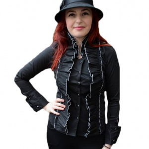 Camasa tinereasca cu volane bogate, culoare neagra cu design alb - Img 1