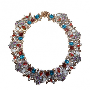 Colier trendy cu design elegant din strasuri si cristale colorate,pe metal auriu - Img 1