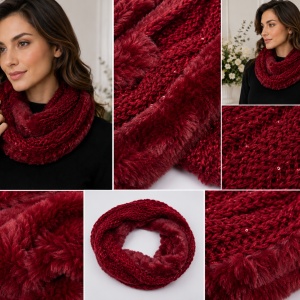 Fular Eve circular din tricot cu insertii de paiete si blanita ,nuanta de marsala - Img 2