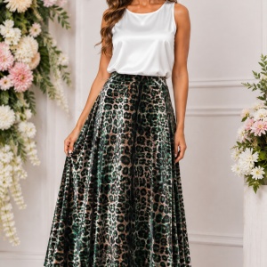 Fustă Midi Elegantă Animal Print Verde, 95% Poliester și 5% Elastan - Img 1