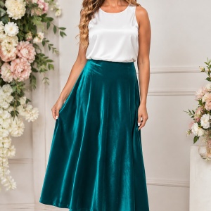 Fustă Midi Elegantă din Catifea Turcoaz – 95% Poliester, 5% Elastan