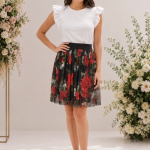 Fusta Stefannie, imprimeu floral si elastic in talie, nuanta de negru