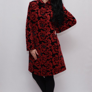 Jacheta de toamna-iarna din stofa, neagra cu imprimeu rosu, floral - Img 5