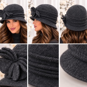 Pălărie Damă Elegantă Reglabilă – Model cu Flori Decorative, Gri Inchis - Img 2