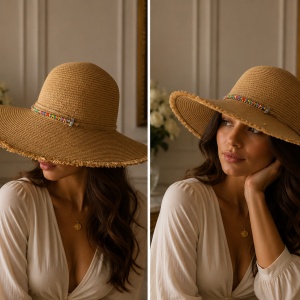 Pălărie de Damă Bej cu Boruri Largi și Detalii Elegante – Accesoriu Chic Multicolor