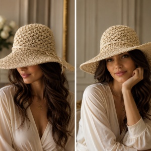 Pălărie de Damă Bej-Deschis cu Boruri Largi și Detalii Elegante – Accesoriu Chic pentru Vară, - Img 3