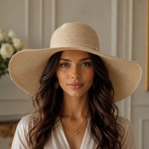 Pălărie de Damă Bej, Ivory cu Boruri Largi și Detalii Elegante – Accesoriu Chic pentru Vară,
