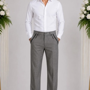 Pantalon barbati casual, de culoare gri cu dungi subtiri verticale