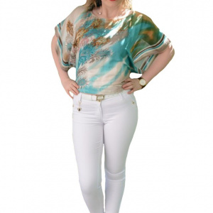 Pantalon fashion, nuanta alba cu buzunare in spate, detalii aurii - Img 1