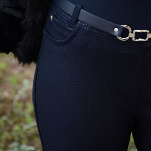 Pantalon lung, de culoare bleumarin, cu model rafinat in fata - Img 3