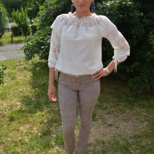 Pantalon lung de vara, de culoare bej, cu model de flori mari - Img 2