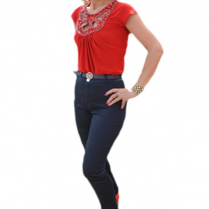 Pantalon modern, bleumarin, cu model colorat pe buzunare - Img 1