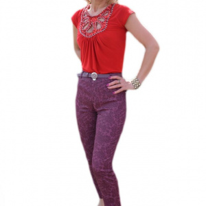 Pantalon mov cu design floral, model lung de primavara-vara - Img 1