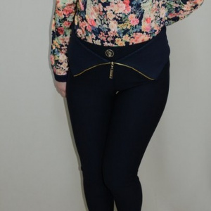 Pantalon usor elastic, nuanta de bleumarin, talie inalta, fermoar - Img 2