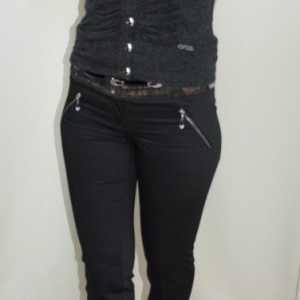Pantalon usor elastic, nuanta de negru, betelie cu model - Img 2