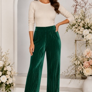 Pantaloni damă din catifea plisată verde smarald – croi drept, talie elastică