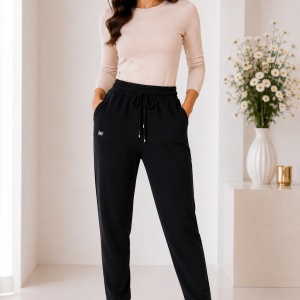 Pantaloni damă negri conici cu talie elastică și detalii ON/OFF