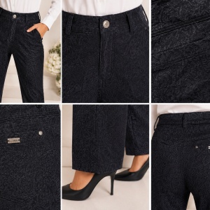 Pantaloni Damă Negri Eleganți cu Model Texturat – Bumbac Elastic, Croială Clasică - Img 3