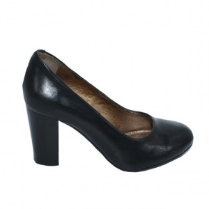 Pantof de culoare negru din piele, cu varf rotund si toc inalt, gros - Img 1