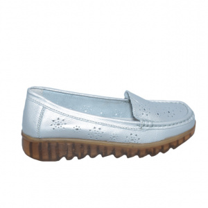 Pantofi perforați damă argintii din piele naturală cu talpă confortabilă