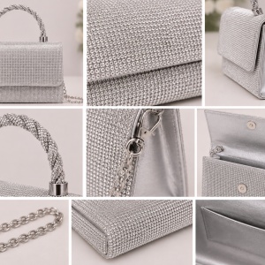 Poșetă Elegantă Argintie cu Cristale Strălucitoare și Lanț Metalic - Img 2