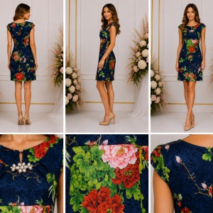 Rochie bleumarin elegantă cu imprimeu floral și broșă cu perle - Img 2