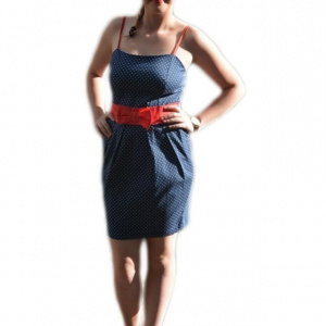 Rochie casual cu bretele, in culoare bleumarin cu buline albe - Img 1