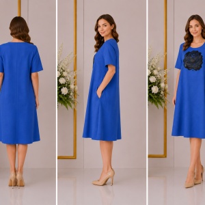 Rochie casual de culoare albastra, model evazat cu buzunare - Img 3