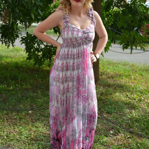 Rochie casual de zi, in nuante calde de roz, cu bretele fronsate - Img 4