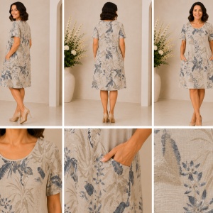 Rochie Crem Botanical cu Imprimeu Exotic și Buzunare Laterale - Img 2