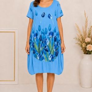 Rochie damă albastru cer cu imprimeu floral – Bumbac elastic, croială lejeră