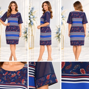Rochie damă bleumarin cu imprimeu paisley și dungi, mâneci vaporoase - Img 2