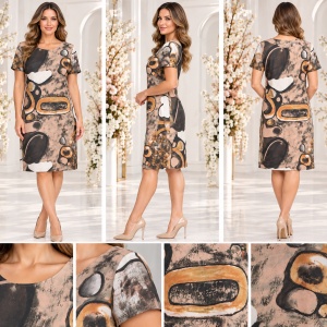 Rochie damă cu imprimeu abstract bej-maro, mânecă scurtă - Img 2